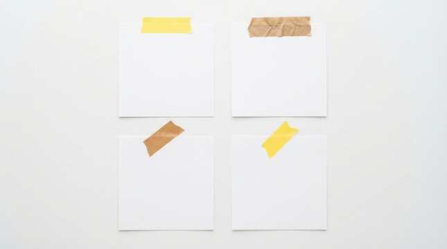 Four blank white square paper notes attached with colorful adhesive tape