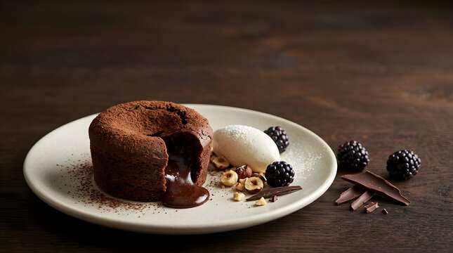 Indulgent Chocolate Lava Cake with Molten Center Served with Vanilla Ice Cream on Wooden Table Surface