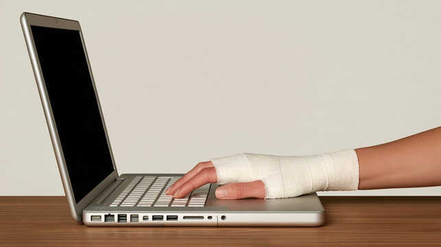 Person with bandaged hand typing on laptop at desk  
