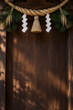 Shimenawa sacred rope with paper streamers and bell on a wooden door, Japanese New Year