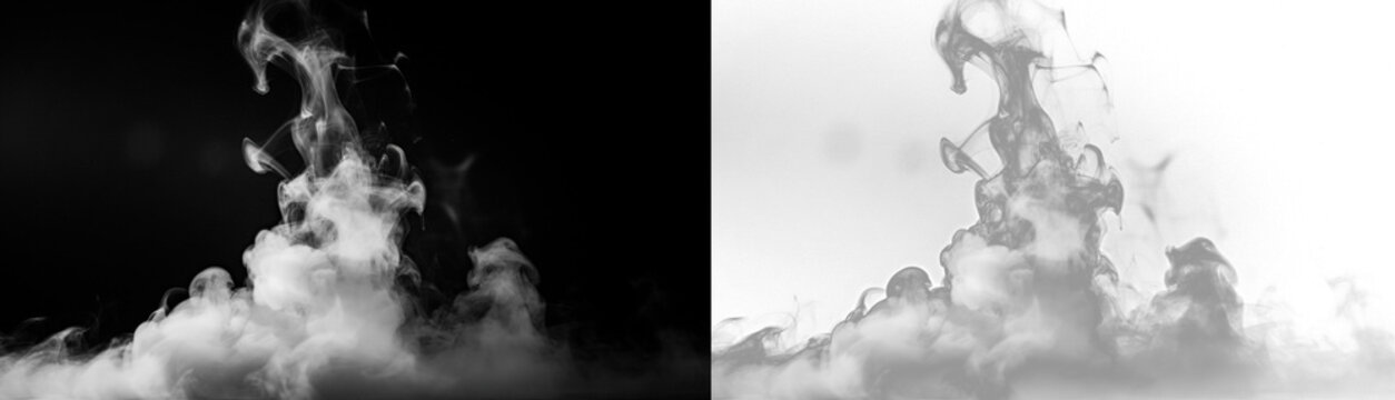 Abstract white smoke or steam rising up on black and transparent background, dynamic swirling vapor clouds for special effects and compositing