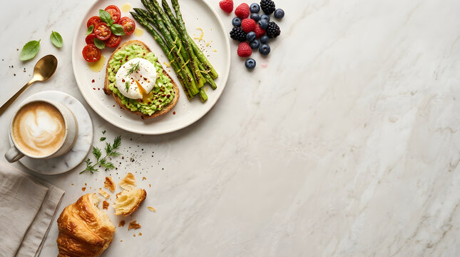 Wellness and Freshness Concept Avocado Toast with Poached Egg Served on a Marble Surface Table