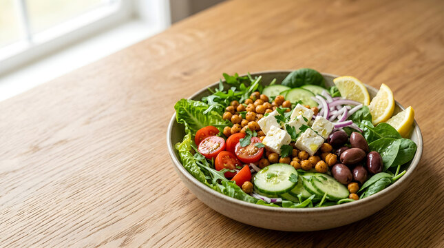 Wellness Nutrition Concept Greek Salad Bowl with Fresh Vegetables Served on a Rustic Wooden Table Surface