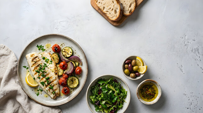 Nutrition Concept Grilled Fish Fillet with Roasted Vegetables and Fresh Salad on a Grey Surface