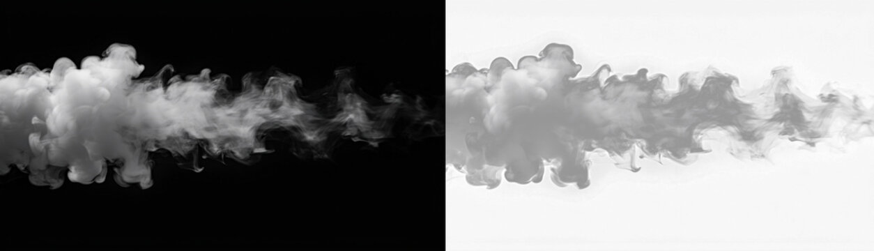 Abstract white smoke or cloud movement on black and transparent background, dynamic flow of vapor for design elements