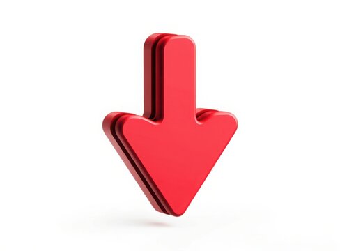 Shiny three-dimensional bold red down arrow pointing downwards, isolated on a clean white background for user interface designs.