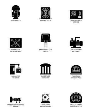 Hyperloop Transportation Technology Solid Glyph Icon Set Vector Illustration