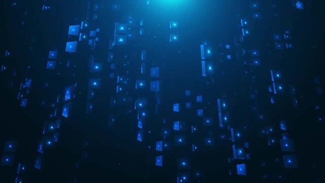 Luminous azure panels starbursts hang distances deep navy background. squares sense of digital space, making dynamic backdrop for cloud computing, innovation presentations, data stories, sci-fi titles