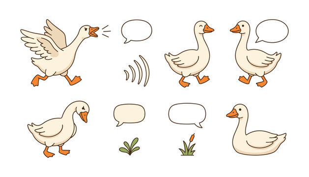 Cute cartoon goose vector character set featuring white farm birds honking running walking and empty speech bubbles isolated on white background.