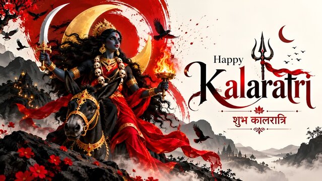 Maa Kalaratri on Donkey with Sword and Fire Bowl in Mountain Landscape - Happy Kalaratri Shubh Kalaratri Wishes with Golden Crescent Moon and Crows
