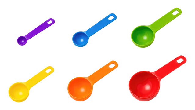 Set of six colorful plastic measuring spoons in varying sizes arranged on a transparent background