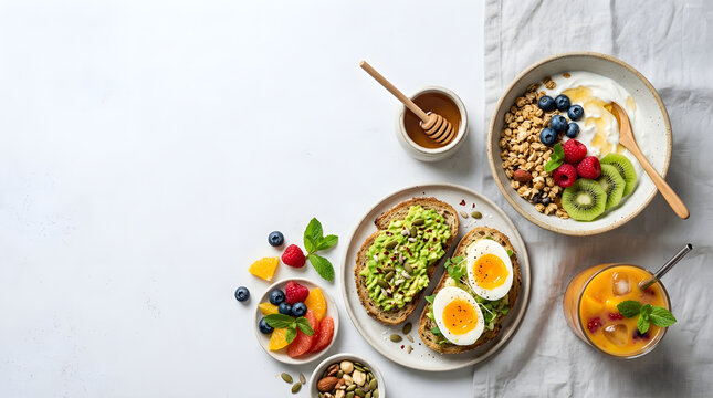 Wellness Nutrition Concept Featuring Healthy Breakfast Spread with Avocado Toast and Yogurt Bowl on White Tabletop