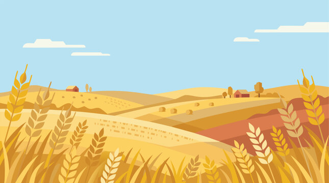 A scenic flat illustration of a golden wheat field landscape under a blue sky, showcasing a rural farm environment in a wide view