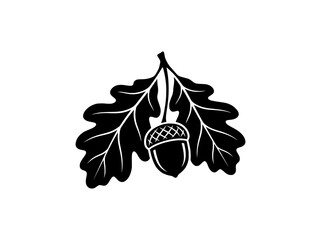 Vintage oak leaf and acorn vector illustration, black silhouette forest botanical element, rustic autumn nature icon for logo design © Pixel Verse Studio