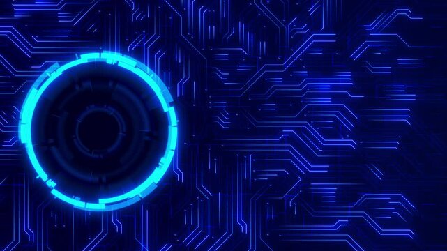Bright blue pathways spread dark backdrop glowing circular interface spacious layout can carry technology headlines, computing visuals, cybersecurity messages, digital product demos, broadcast