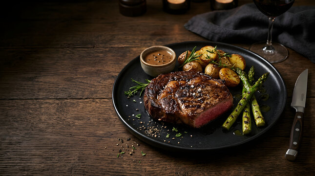 Gourmet Dining Concept Featuring a Perfectly Cooked Ribeye Steak with Roasted Potatoes on Dark Wooden Table