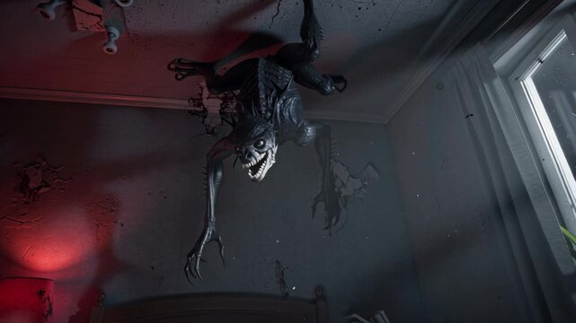 Scary dark monster crawling on bedroom ceiling during horror night