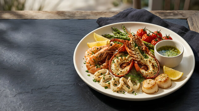 Nutrition and Wellness Concept Seafood Platter with Lobster Shrimp Scallops on Dark Grey Slate Table