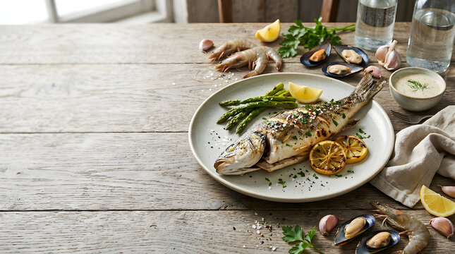 Nutrition Concept Grilled Whole Fish with Fresh Asparagus and Shrimp on a Rustic Wooden Table Surface