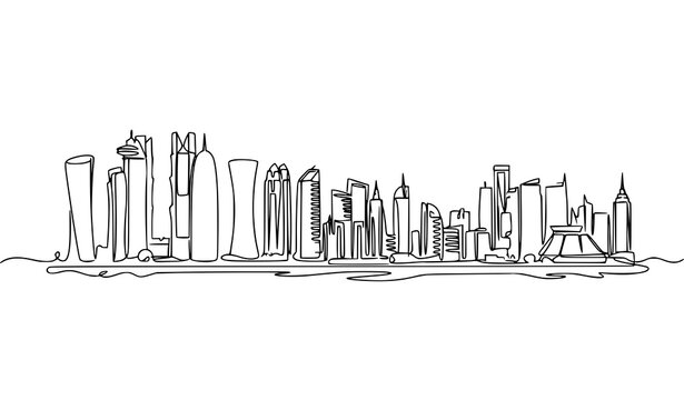 Doha Qatar skyline continuous one line drawing black and white vector illustration