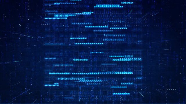 Blue binary digits lines gridded interface, flowing information machine computation. visual software launches, digital transformation, AI explainers, cyber defense campaigns data science content.
