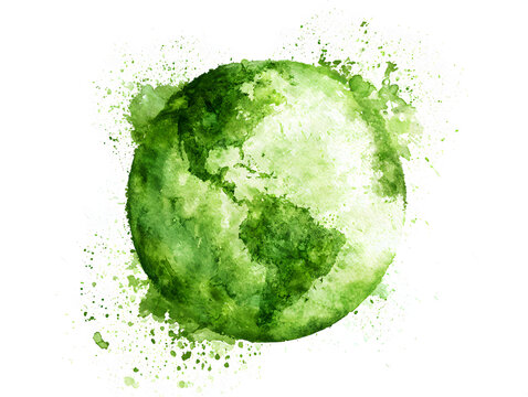 Hand-drawn earth green watercolor art. Icon for environmental concepts, transparent PNG background