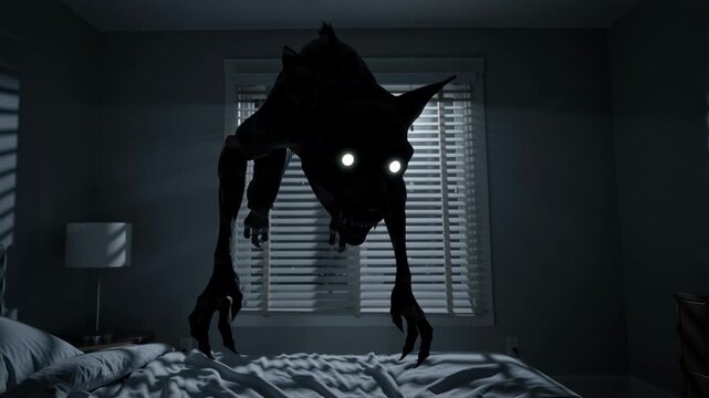 Creepy dark monster crawling on ceiling in bedroom at night with glowing eyes