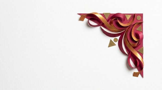 Elegant Decorative Corner Element with Red and Gold Ribbons and Geometric Shapes.