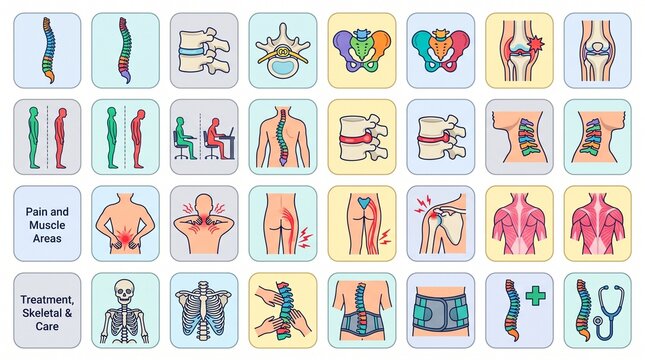 Colorful medical spine and musculoskeletal icon collection featuring vertebrae, posture, back pain, joints, muscles, skeletons, chiropractic treatment, and spinal anatomy illustrations arranged in row