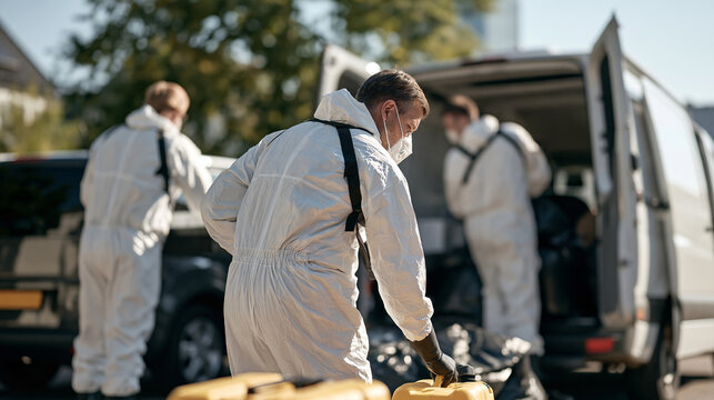 Forensic cleaning team packing bio-recovery equipment after completion of sensitive property cleanup, unmarked van, plain uniforms, discretion implied by calm professional