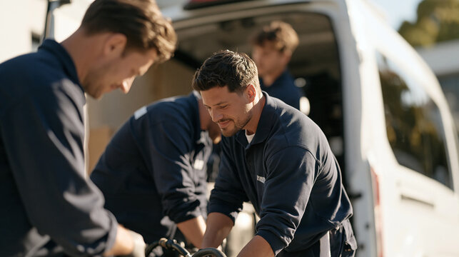 Forensic cleaning team packing bio-recovery equipment after completion of sensitive property cleanup, unmarked van, plain uniforms, discretion implied by calm professional