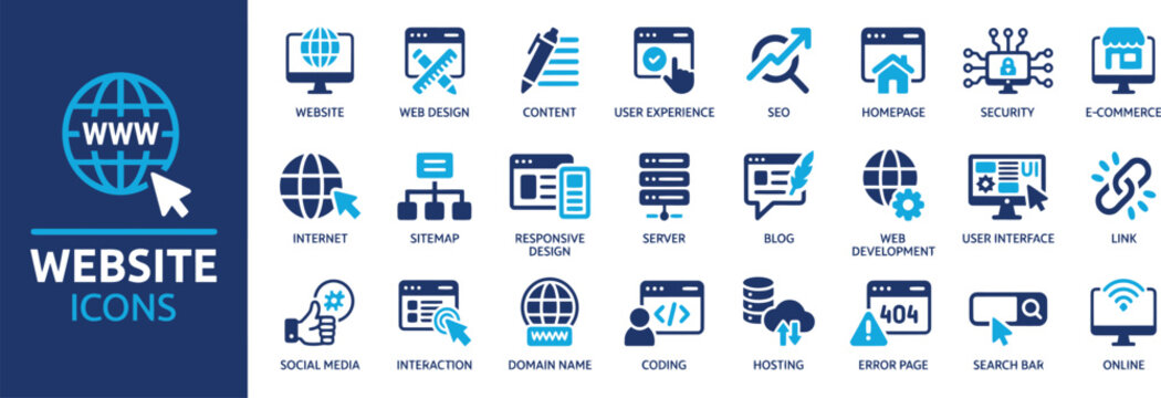 Website development and web design icon set featuring SEO, user experience, sitemap, hosting, domain, coding, e-commerce, and responsive layout vector symbols in blue tone.