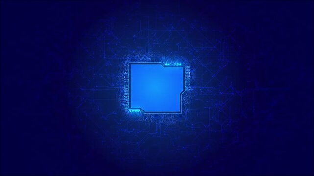 Chip panel sits amid faint blue electronic pathways glowing dots. composition offers room logo message computer processors, advanced electronics, digital infrastructure, research technology launches.