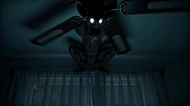 Creepy monster with glowing eyes crouching on a ceiling fan above sleeping person in a dark bedroom at night