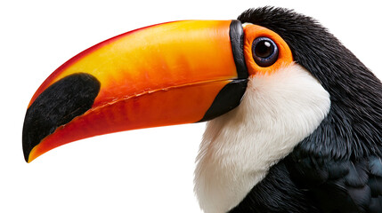 Close up profile portrait of a Toco toucan with a large orange beak and black head © Sylas