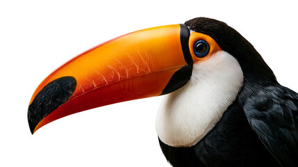 Close up portrait of a Toco toucan with a large vibrant orange beak and black plumage © Sylas