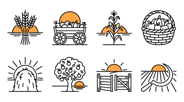 Set of outline farming and agriculture icons including harvest, wheat, wagon, corn, basket, haystack, apple tree, gate and scythe