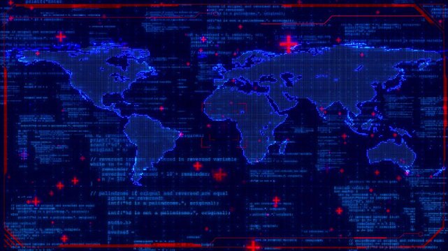 Luminous blue dots define continents crosshair marks, grid code snippets dark frame. composition can cyber risk, worldwide communications, digital forensics security operations global network analysis