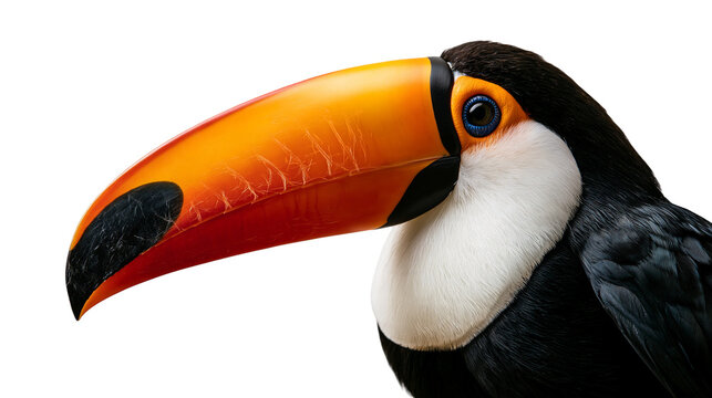 Close up portrait of a Toco toucan with a large vibrant orange beak and black plumage