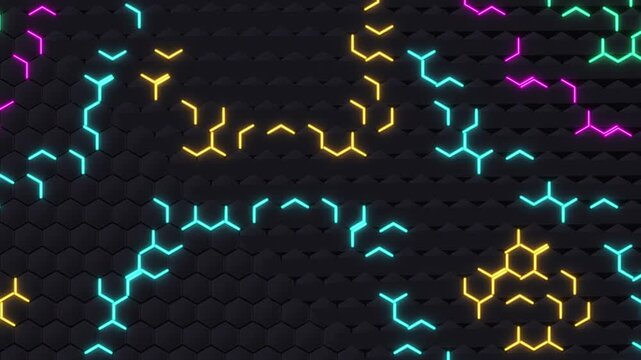 Seamlessly looping 3D isometric animation of a futuristic hexagonal grid. Vibrant neon pink energy conduits pulse along the metallic tiles with volumetric shadows, perfect for cyber, tech, and sci-fi 