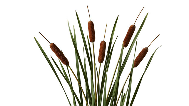 Brown cattail plants with long green leaves and cylindrical flower spikes