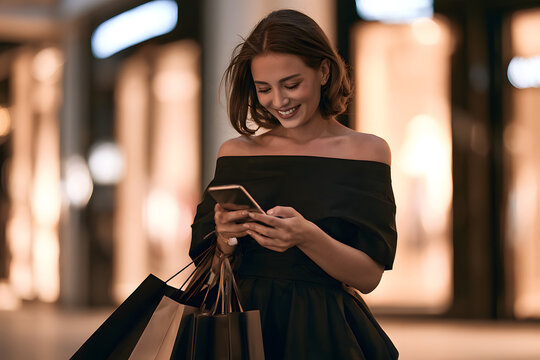 A smiling and stylish girl in a black outfit, holding a mobile phone and shopping bags. Black Friday, shopping