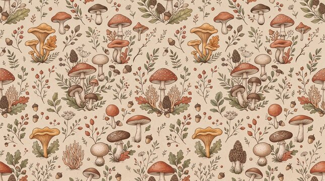 Seamless pattern with hand drawn mushrooms and forest plants for