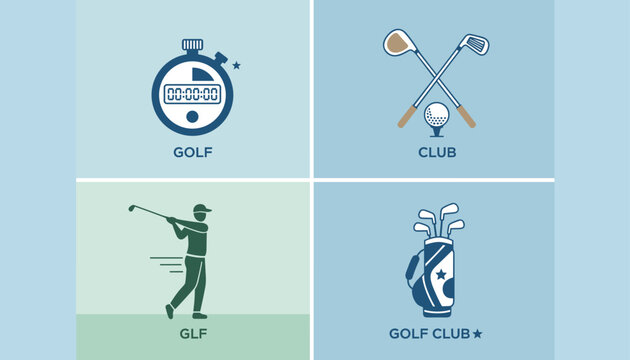 Collection of golf icons including a stopwatch for timing, crossed clubs with a ball, a golfer in mid-swing, and a loaded golf bag.