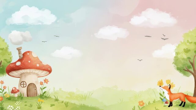A fox stands beside a mushroom cottage in a woodland meadow. Storybook fantasy animation with flowers, birds and open sky for children?s storytelling.