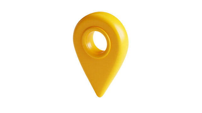 Yellow glossy 3D map pointer pin with a circular hole in the center