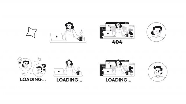 Programmer loading and 404 error black and white line animation pack. User avatar. Backend engineer. Female developer coding on laptop animated outline 4K video set on transparent background
