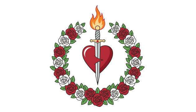 Stylized heart design pierced by a flaming sword and encircled by a wreath of red and white roses for tattoo inspiration or romantic art.