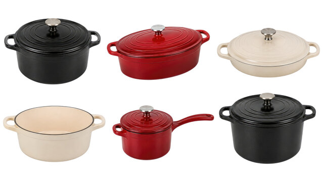 Three enameled cast iron Dutch ovens and three matching pots in red, black and cream, shown with lids and handles, assorted round and oval shapes for stovetop and oven cooking