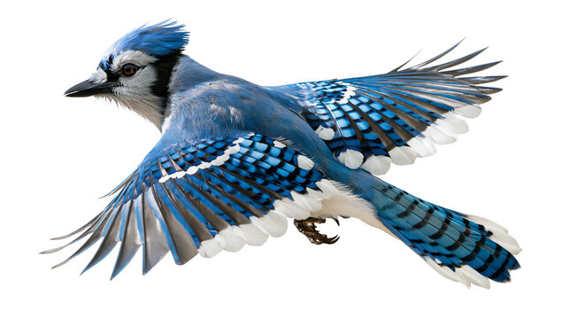 Blue jay bird in flight with spread wings and detailed plumage